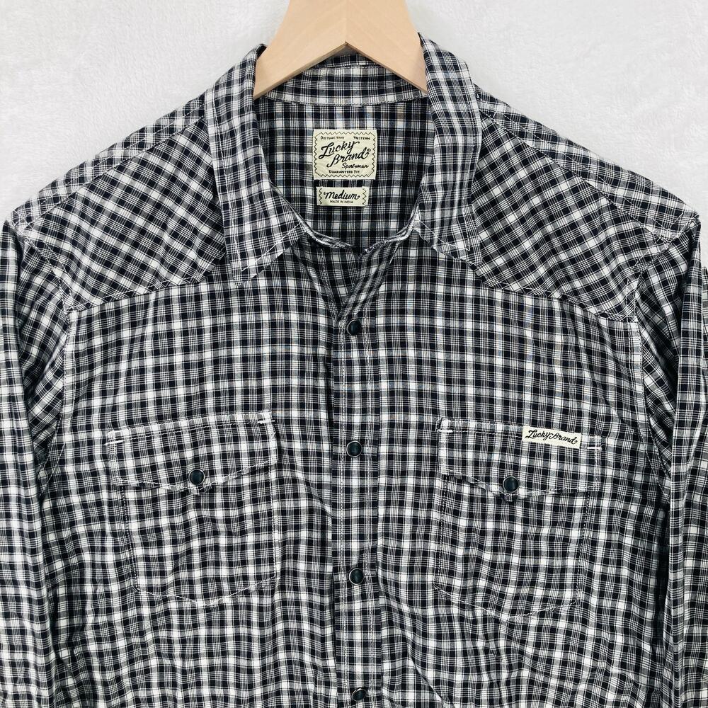 Lucky Brand Western Shirt Mens Medium Pearl Snap Black White Plaid